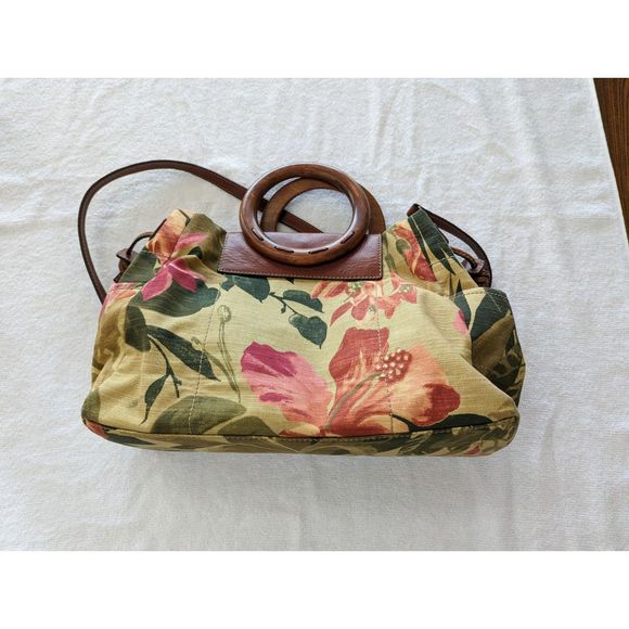 Fossil flower canvas/leather with wooden handle handbag - Picture 1 of 13